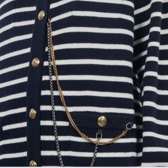 NWT The Kooples Striped Wool Cardigan Size 2 M Navy Cream Chain Oversized - Picture 5 of 14